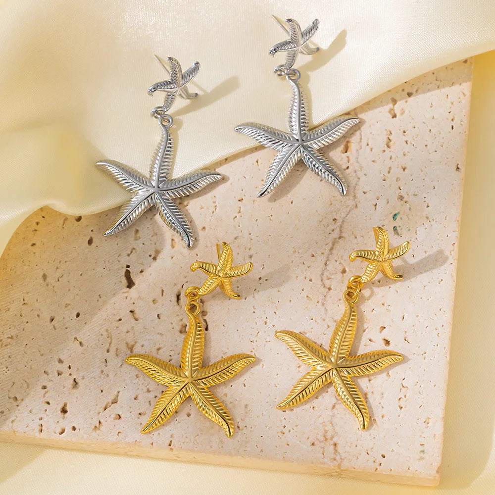 Holiday Style Retro Stainless Steel Earrings Waterproof 18K Gold Plated Starfish Pendant Earrings for Women
