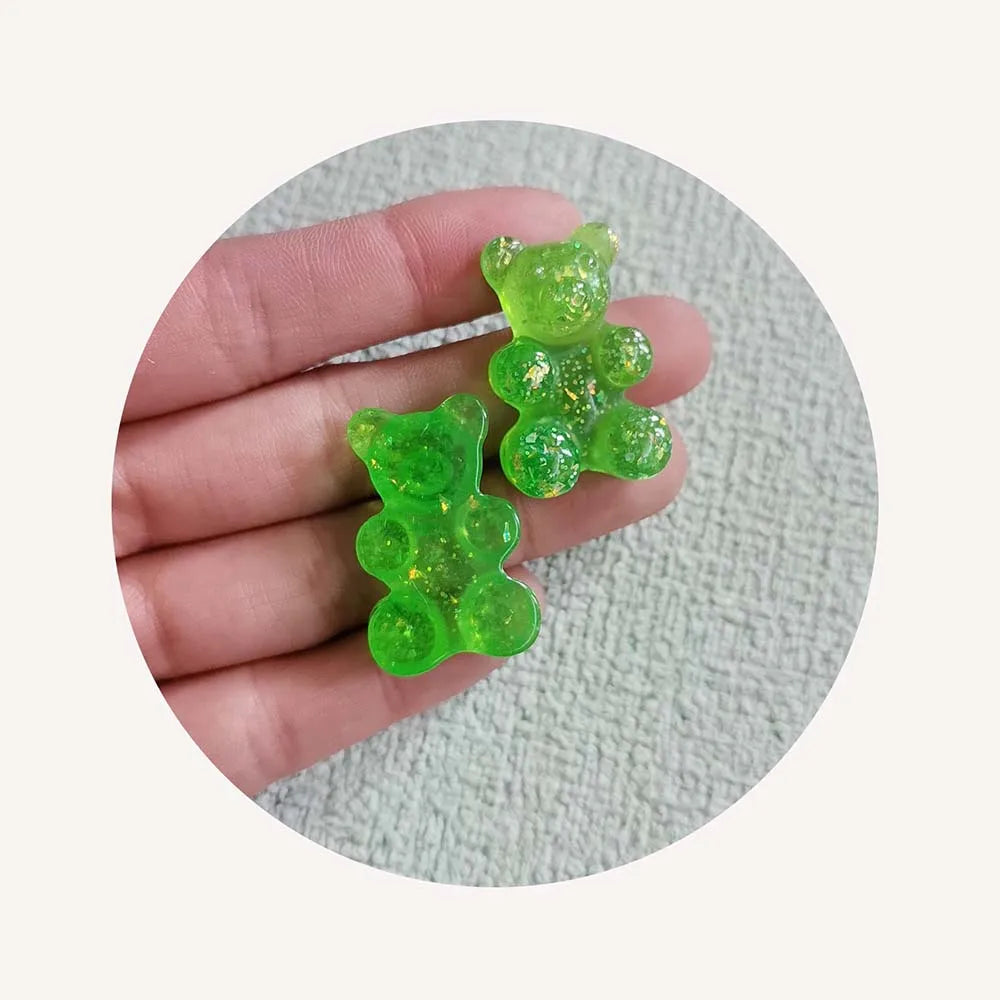 Hot Popular 100Pcs/Lot 19*30MM Resin Glitter Gummy Bear Cabochons Flatback Animal Beads No Hole Bear Charms for Jewelry Making