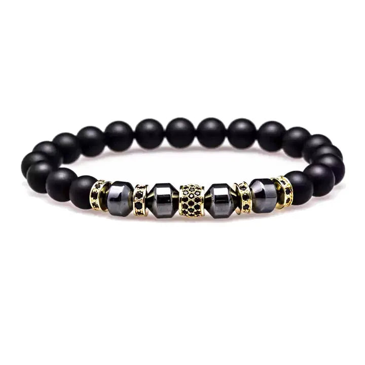 New Design Natural Gemstone Matte Onyx Hematite Bead CZ Pave Tube Elastic Bracelet JBS9958