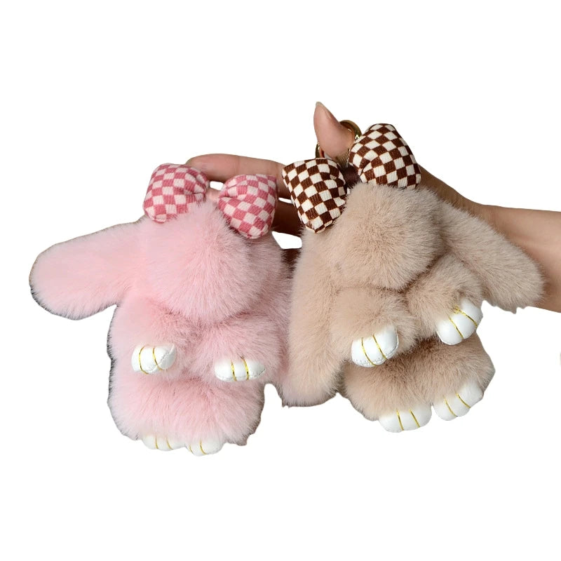 Cute Mini Bunny Fluffy Keychain Stuffed Animals Rabbit Plush Toys Pom Pom Doll Key Chains Couple Gifts Furry Bow Rabbit Keychain