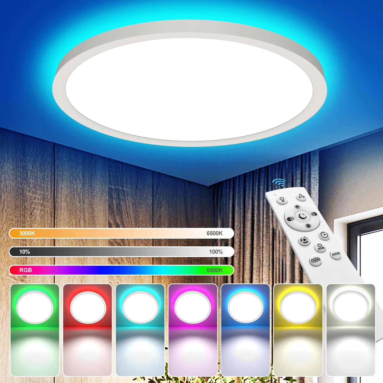 Ultra Thin 2cm Flush Mount Panel Light Fixtures Indoor Home Lamp RGB Dimmable 3000K-6500K Adjustable 24W LED White Remote