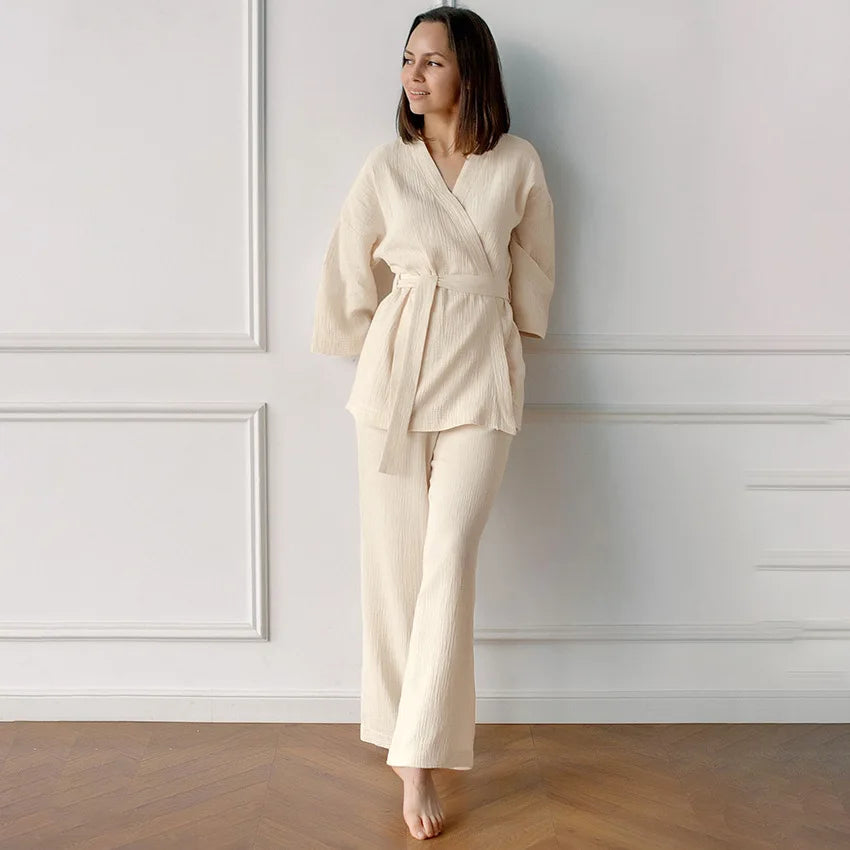 Two Pieces Loose Style 100% Cotton Loungewear Set  Robe Long Trousers Pajamas Solid Color Homewear for Women