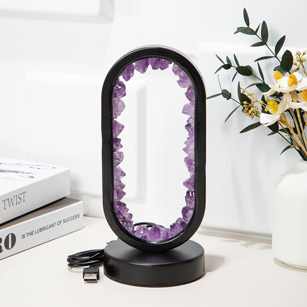 Natural Crystal Table Lamp USB Natural Amethyst Oval "U" Shape Light for Home Deco