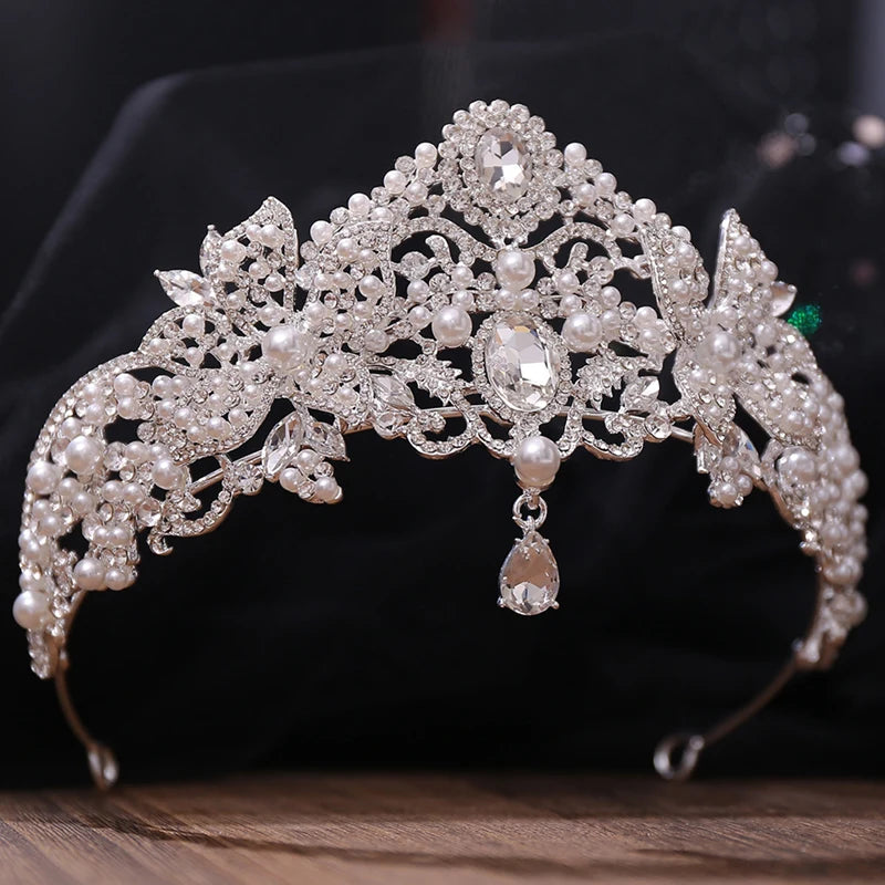 Accept Customization Forehead Pearl Rhinestone Crown  Luxury Alloy Crystal Pageant  Tiaras Large  Princess Birthday Hair Crown