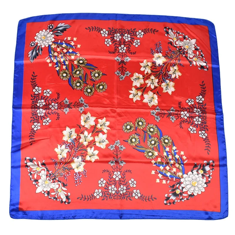 QL New Floral Print Satin Silk Large Scarf Women's Digital Printing Custom 90*90cm Big square Scarf Muslim Hijab