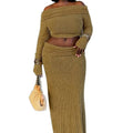 Autumn New Arrival Women's Casual Suit Solid Pattern Fuzzy Texture Off-the-Shoulder Bustier Long Sleeve Top with Long Skirt