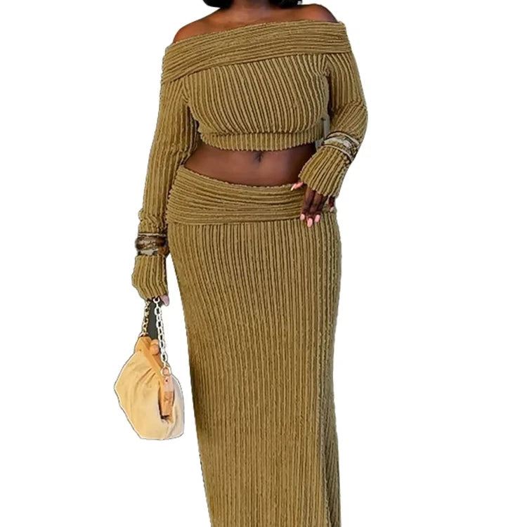Autumn New Arrival Women's Casual Suit Solid Pattern Fuzzy Texture Off-the-Shoulder Bustier Long Sleeve Top with Long Skirt