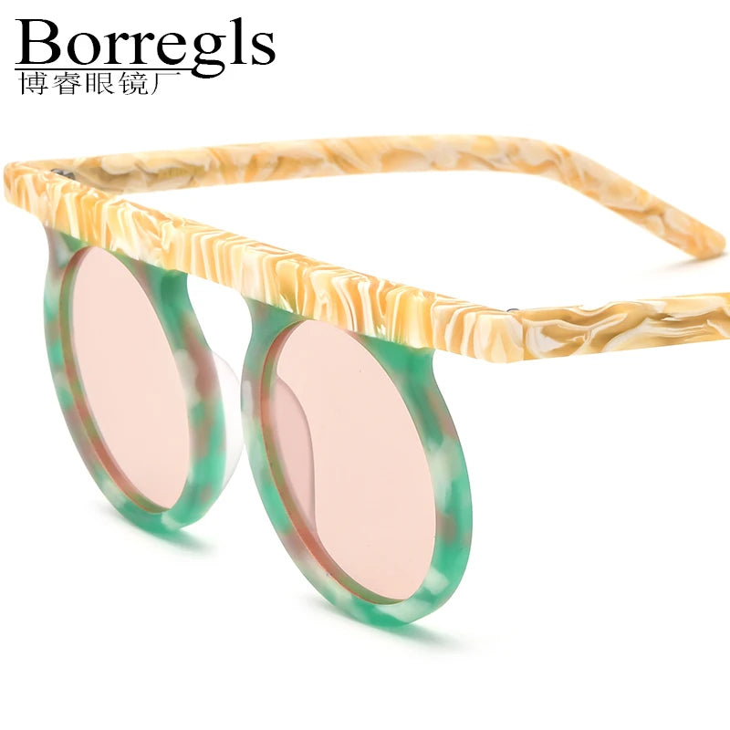 Borregls Matte Acetate Multicolour Polarized Sunglasses UV400 Women Brand Designer Retro Vintage Round Sun Glasses Men 19339T