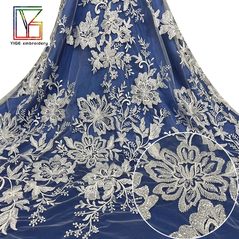 Luxury Wedding Embroidery With Sequins Mesh Lace Fabric Elegant Bridal Beaded Net Tulle Lace Fabric for Dresses Women