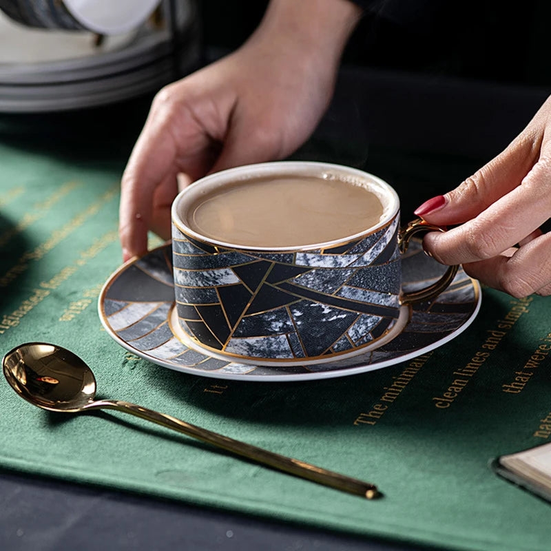 Nordic Style Ceramic Tea Coffee Cup Sets Light Luxury Irregular Marbled Porcelain Coffee Cups Saucers