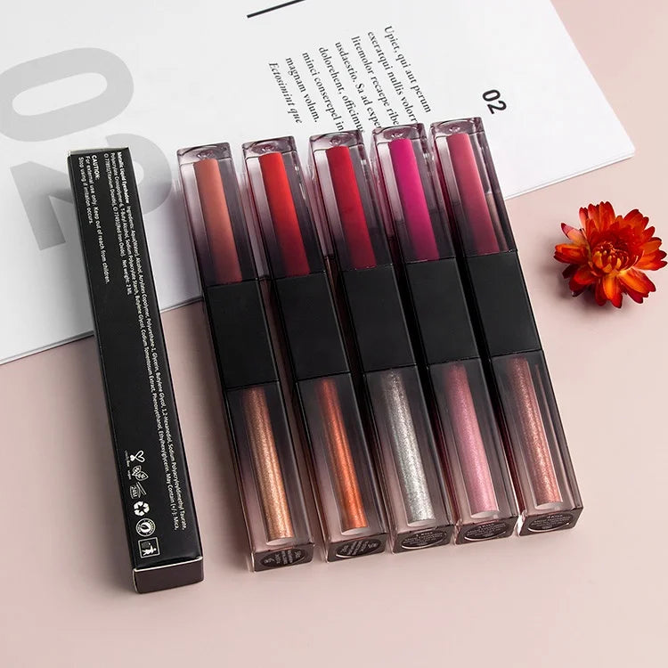 New Design Double Head Liquid Lipstick&Eyeshadow 10 Colors Glitter Eyeliner Metallic Shimmer Eyeshadow Matte Liquid Lipstick
