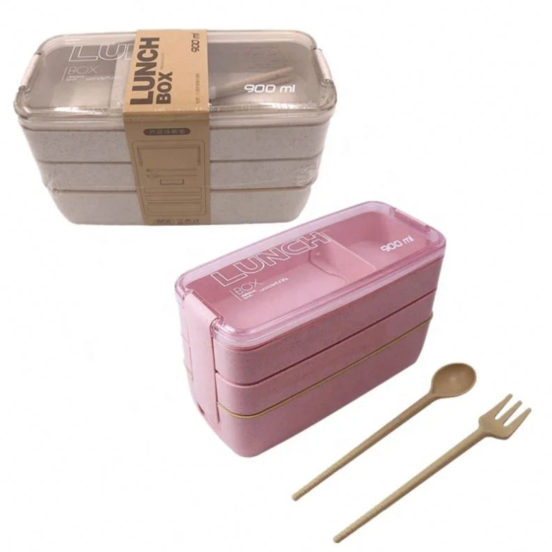 3 Layers Lunch Box 900ml Bento Food Container Eco-Friendly Wheat Straw Healthy Material Microwavable Dinnerware Lunchbox Kitchen