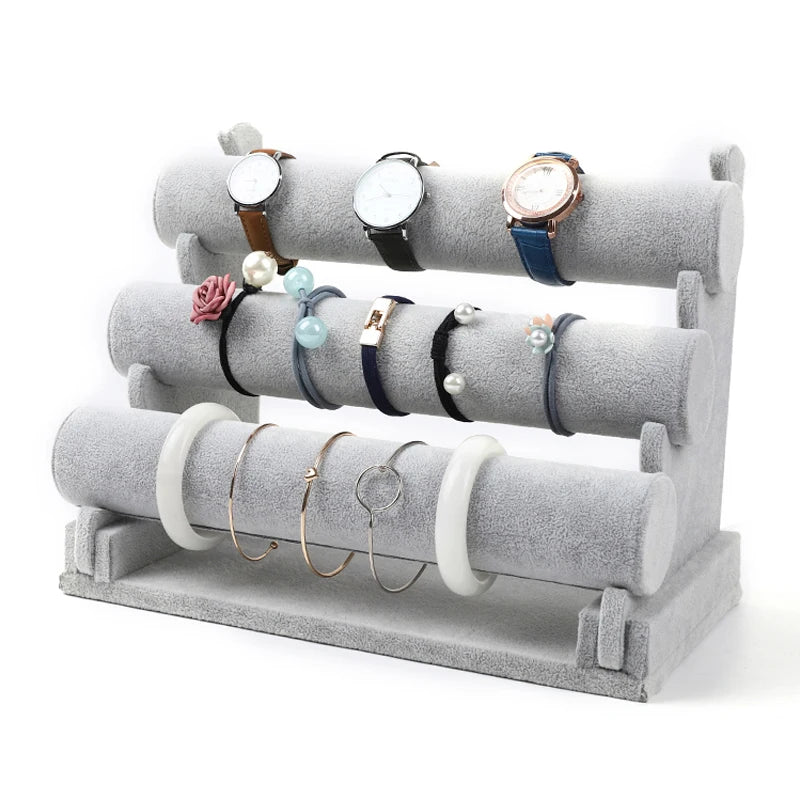 Removable 3 Tier Grey and Black Velvet Jewelry Display Stand Organizer for Wrist Watch Bangles and Bracelet