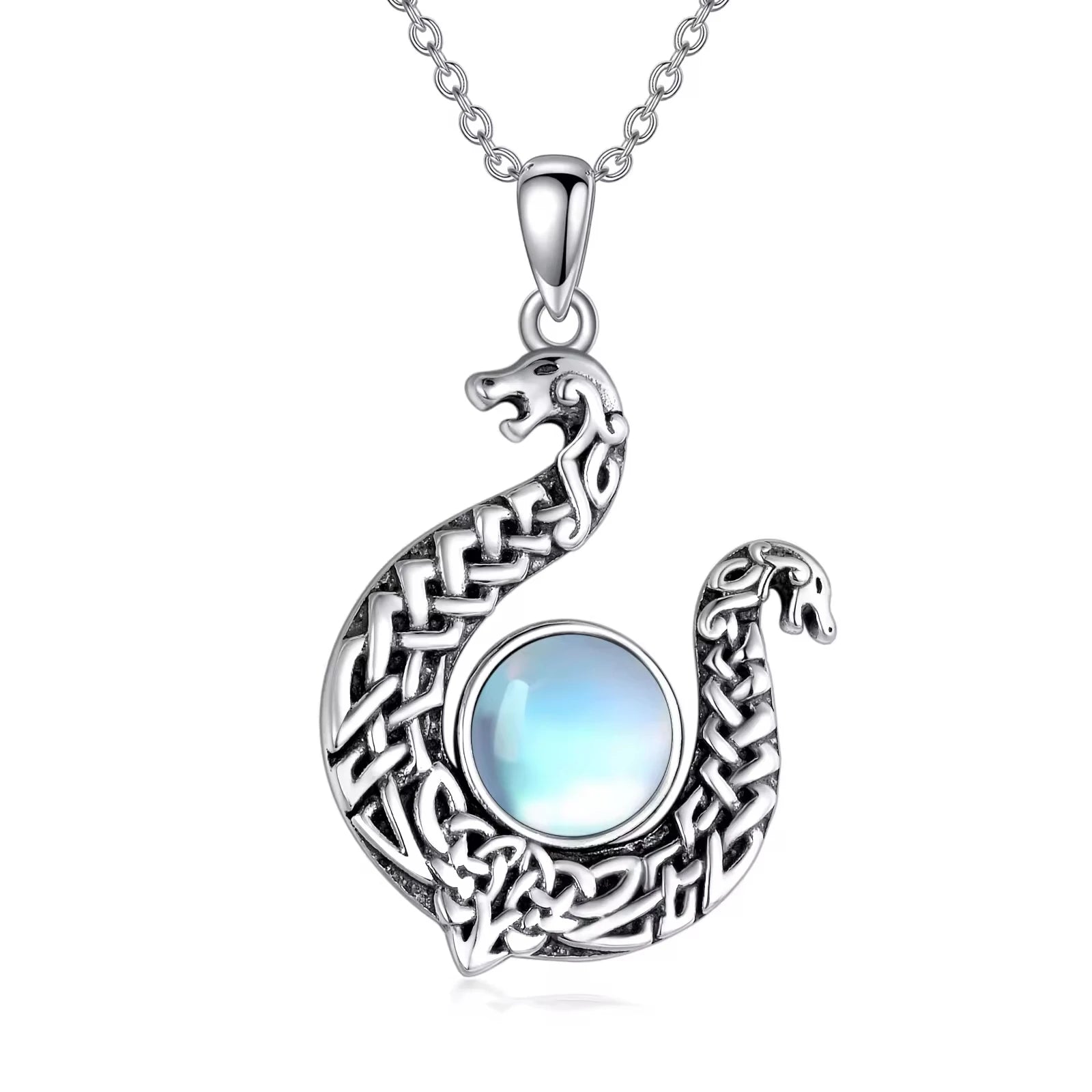 Trendy Jewelry 925 Sterling Silver Moonstone Celtic Knot Snake Pendant Necklace