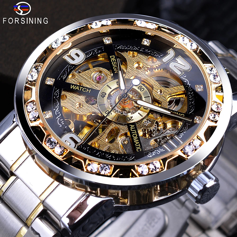 Forsining Fashion Golden Sliver Mechanical Watch Stainless Steel Luminous Men Watches Sport Business Wristwatch