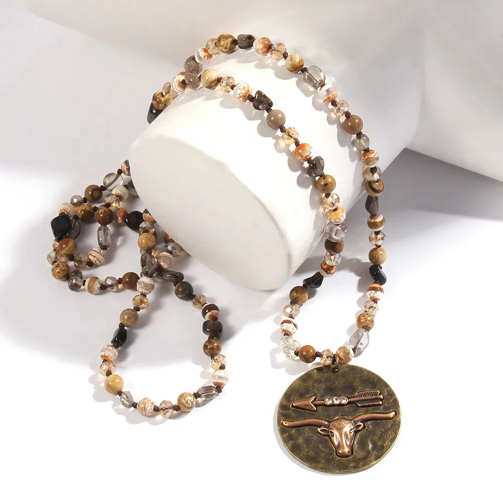 New Women Natural Gemstone Crystal Glass Necklace 6mm Tiger Eye Chip Stone Pic Jasper Disco Bronze OX Pendant Necklace