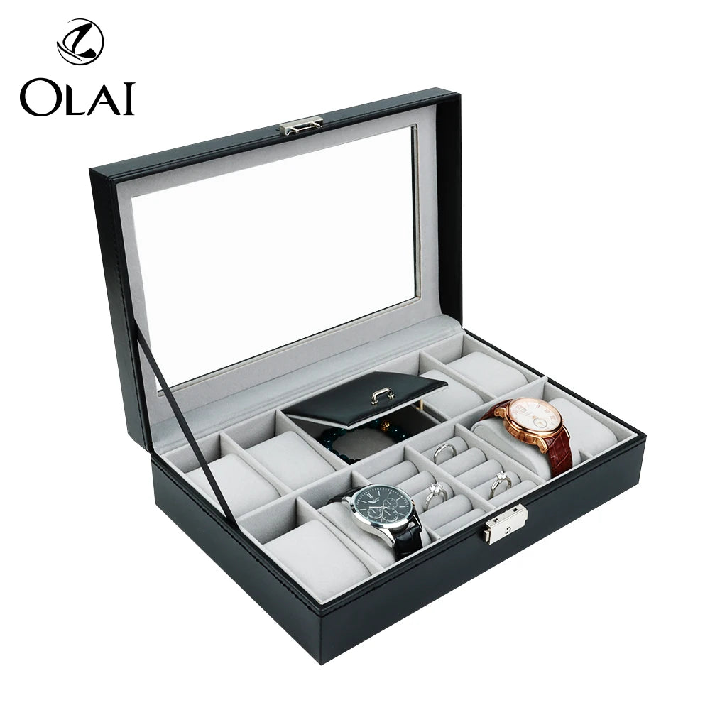Square Classical Ring Watch Jewelry Display Container Watch Grids Organizer Box with Window