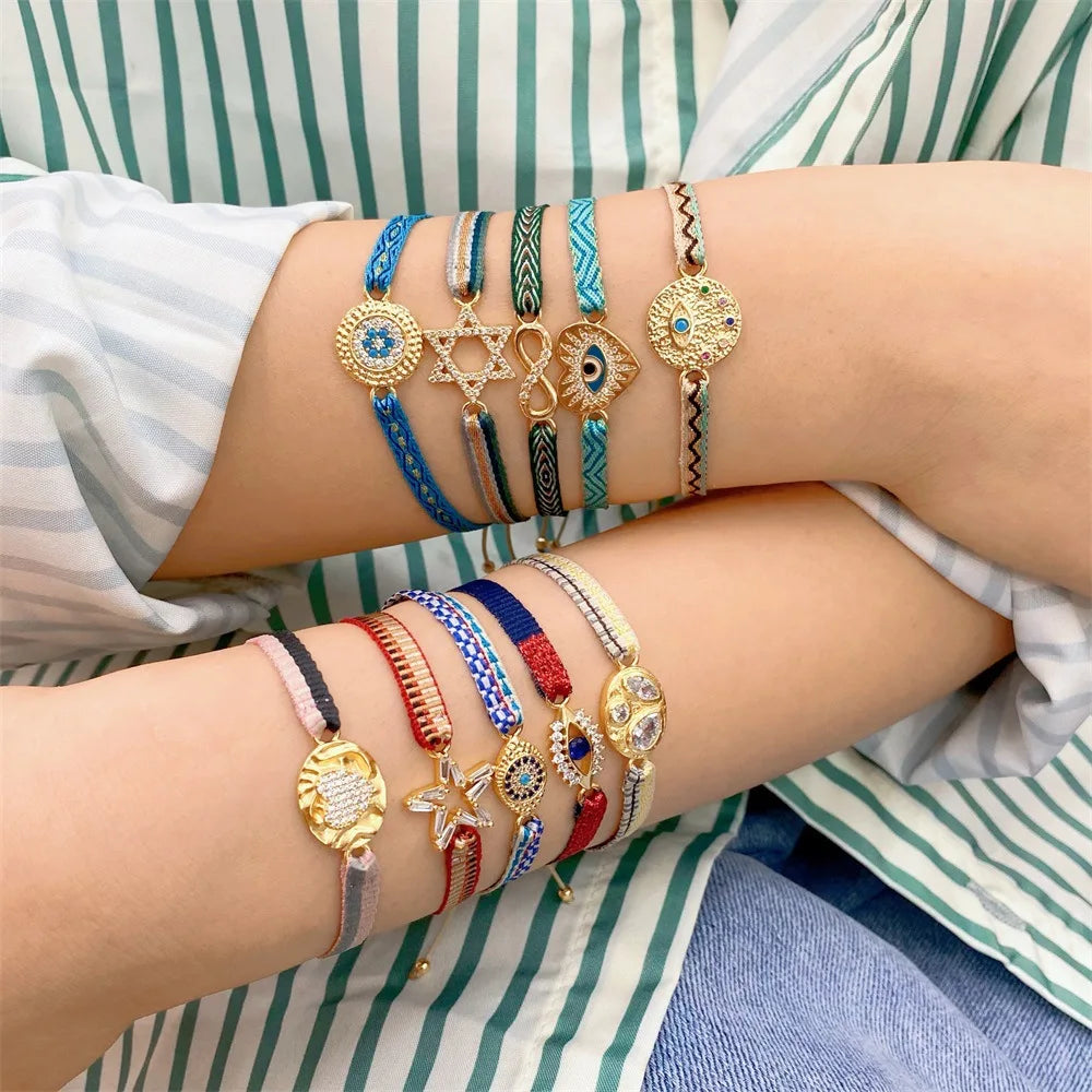 Spain Bohemian Minimalist Vintage Rope Traditional Evil Eyes Zircon Hand Wave Beaded Bracelet Charm