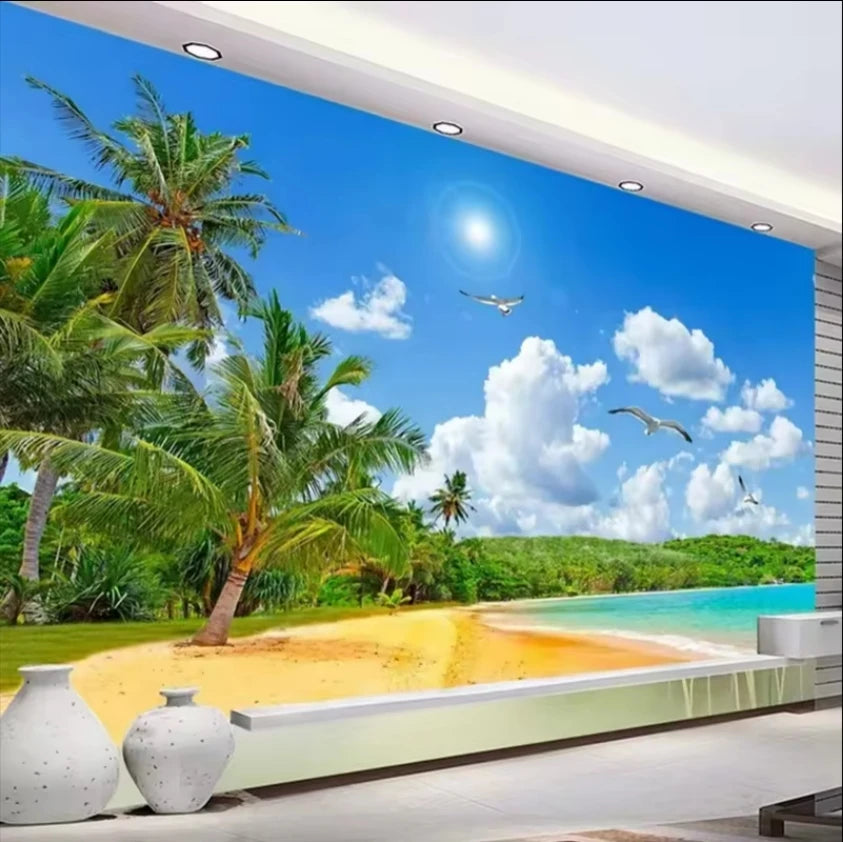 Custom 3D Coconut Tree Wallpaper Summer Beach Photo Mural Floral Pattern Natural Landscape Wallpaper Waterproof Anti-Static