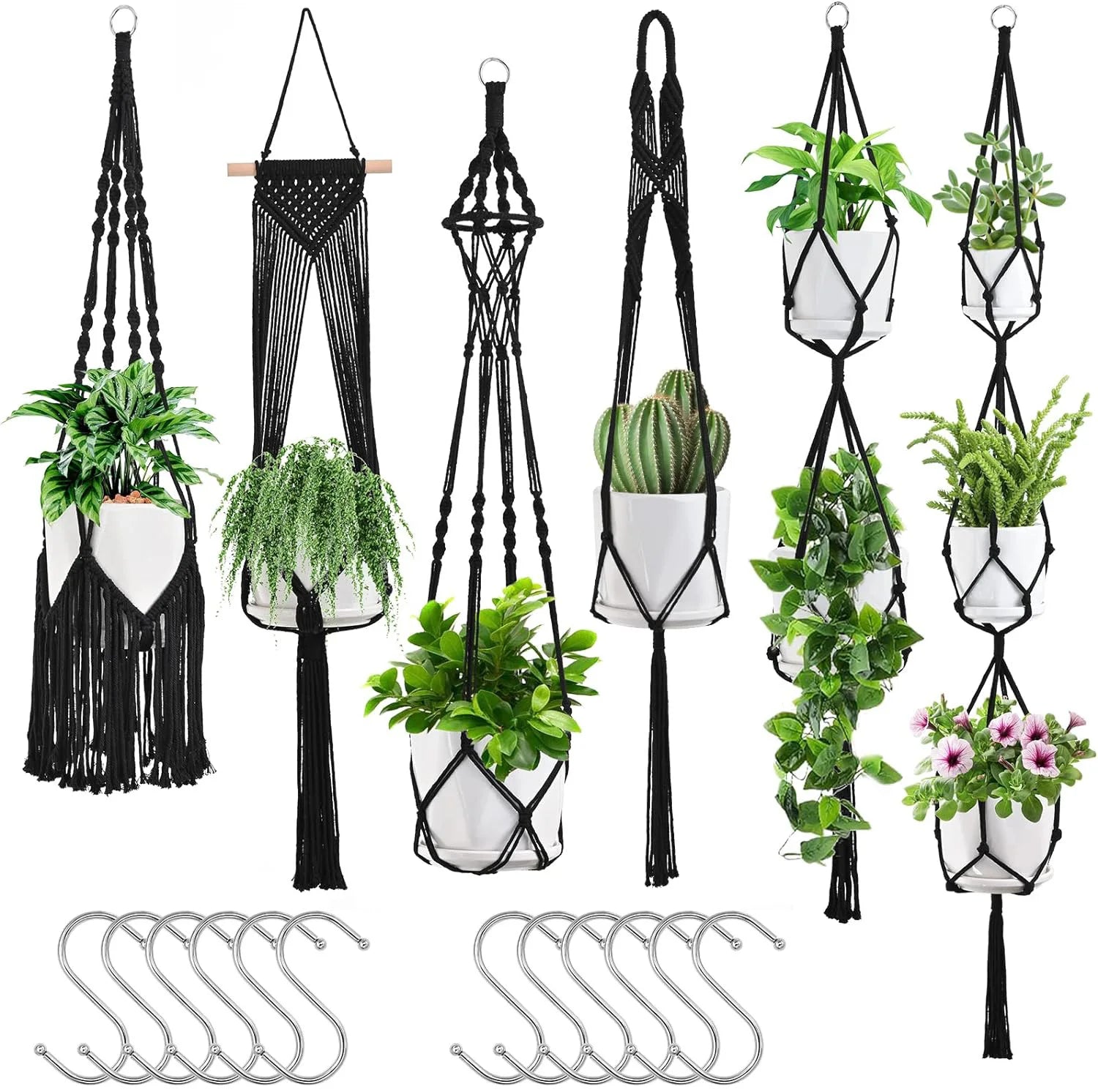 Customized Indoor Plant Planter Decoration Black Handmade Macrame Plant Hanger for Boho Home Decor