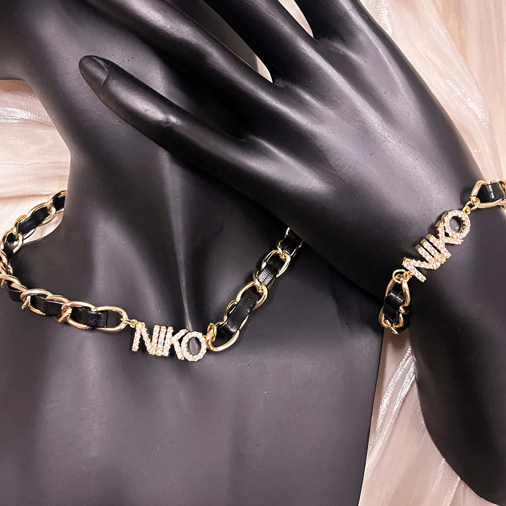 Qiuhan 18k Gold Vintage Pendant Customized Name Zirconia Leather Necklace
