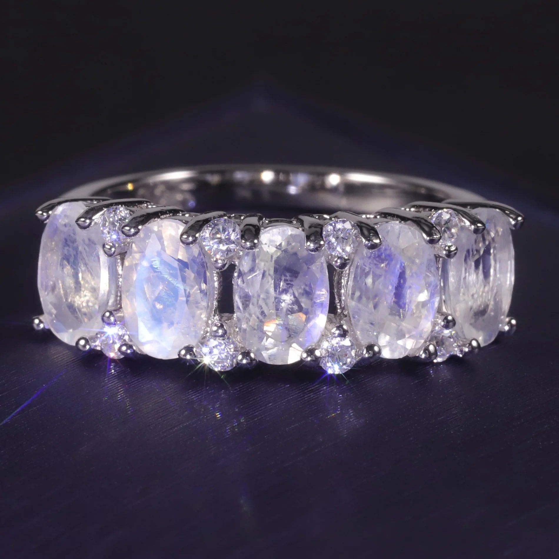 Abiding Popular Hot Sale Band Alternating Faceted Oval 4x6mm Milky Blue Moonstone & Round CZ 925 Silver Half Eternity