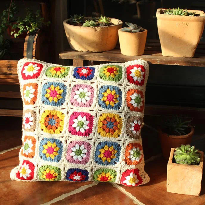 Y-F 45*45 Chunky Granny Square Recycled Crochet Flower Trellis Throw and Pillow Case Cushion Cover