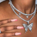 Fashion Brass Alloy Rhinestone Tennis butterfly Chain Necklace Women