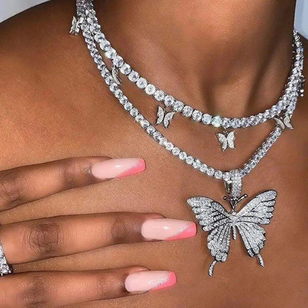 Fashion Brass Alloy Rhinestone Tennis butterfly Chain Necklace Women