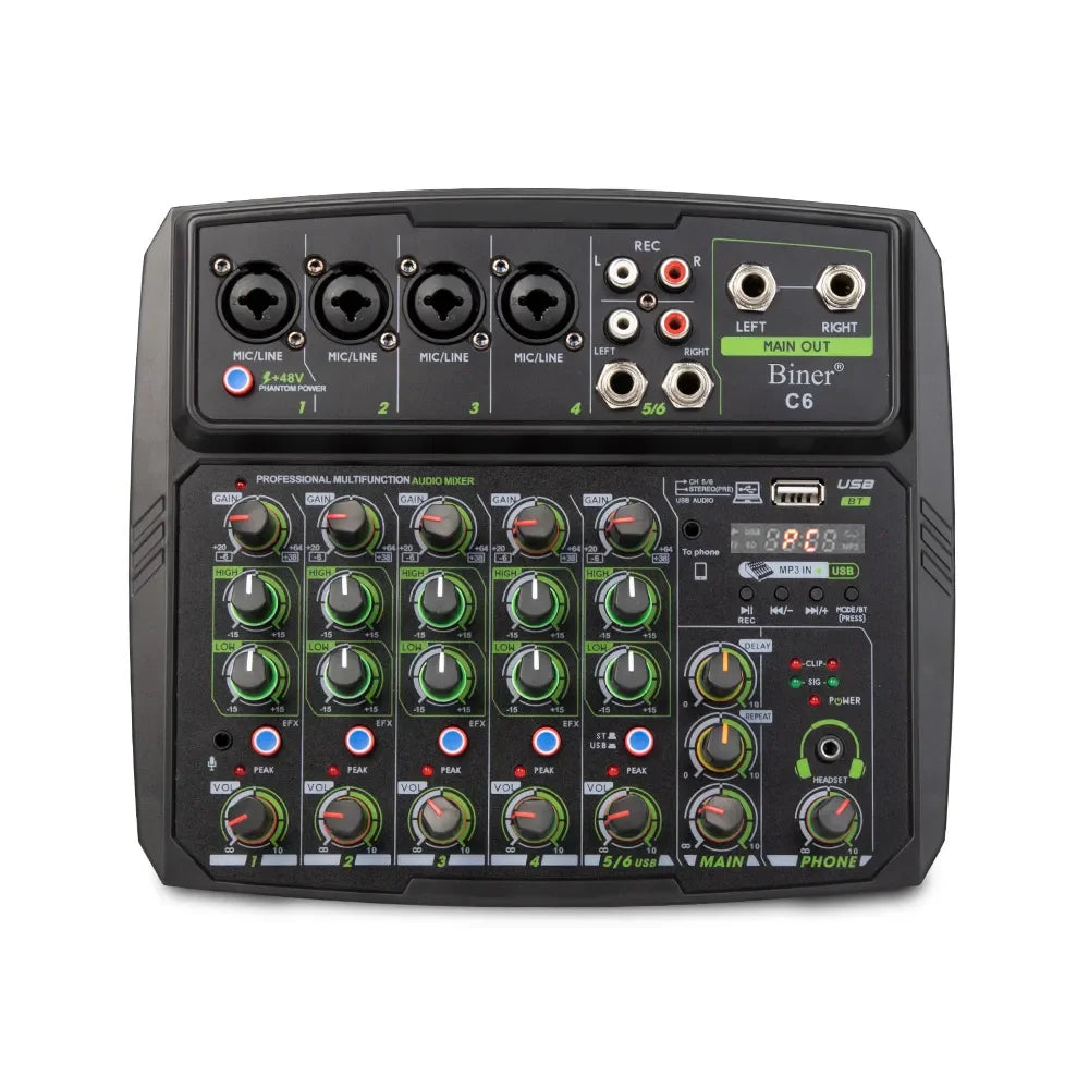 Biner C6 Hot Selling Built in 48V Phantom Power 6 Channel DJ Sound Recording Live Usb Audio Mixer