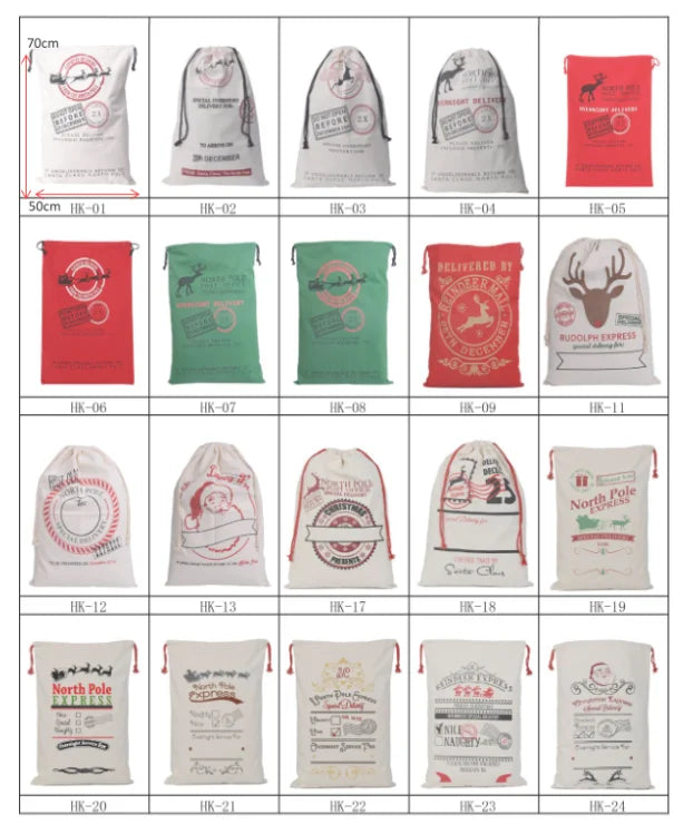 High King Factory Wholesale Eco-Friendly GOTS Certified Silk Screen Printed Handmade 50x70cm Canvas Santa Sack Christmas Bags