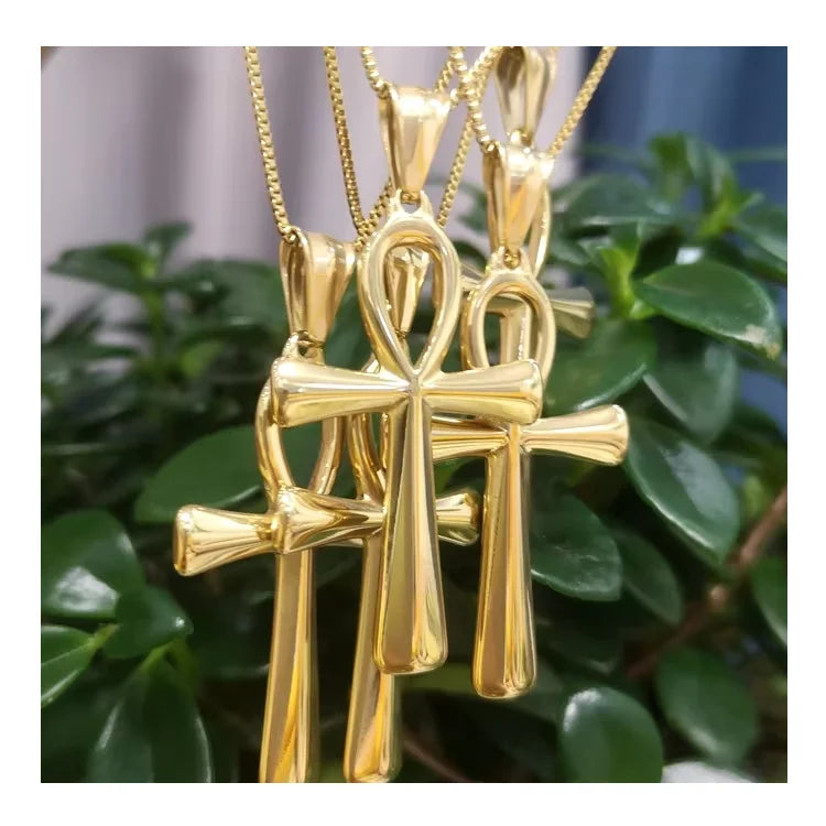 2024 Dainty Fashion Jewelry Christian Fine Gold Plated Stainless Steel  Jewellery Men Ankh Cross Pendant Necklace for Women