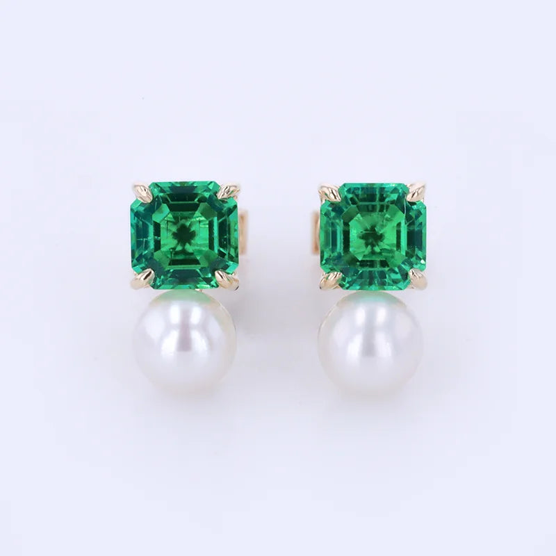 5x5mm 0.5ct Asscher Loose Lab Emerald 4.5mm Pearl Stud Earrings 9k/10k/14k/18k Earrings