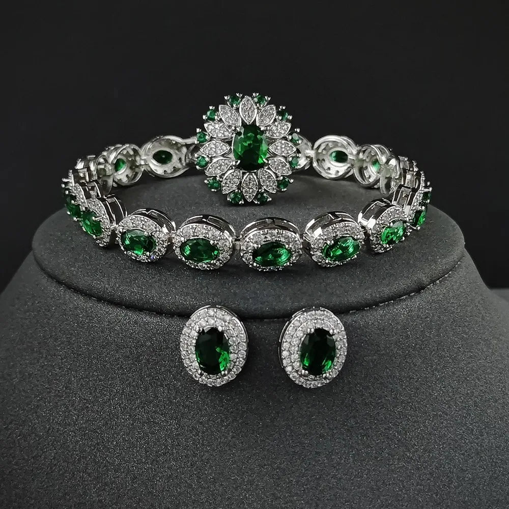 Jachon Luxury Female Jewelry Set for Women Green Oval Zircon Three-Piece Includes Ring Bracelet Fashionable Charm Bracelets