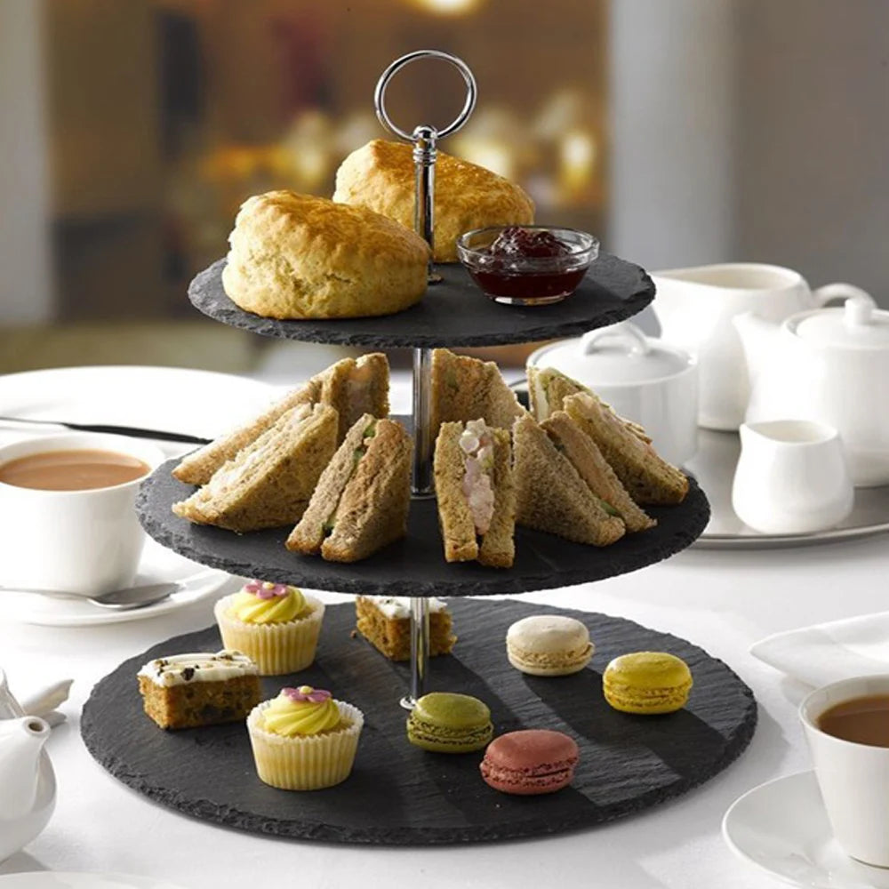Wholesale 3 Tier Round Black Slate Cake Plate Stand Decorative Desert Dishes Platter Display for Restaurant Party Wedding