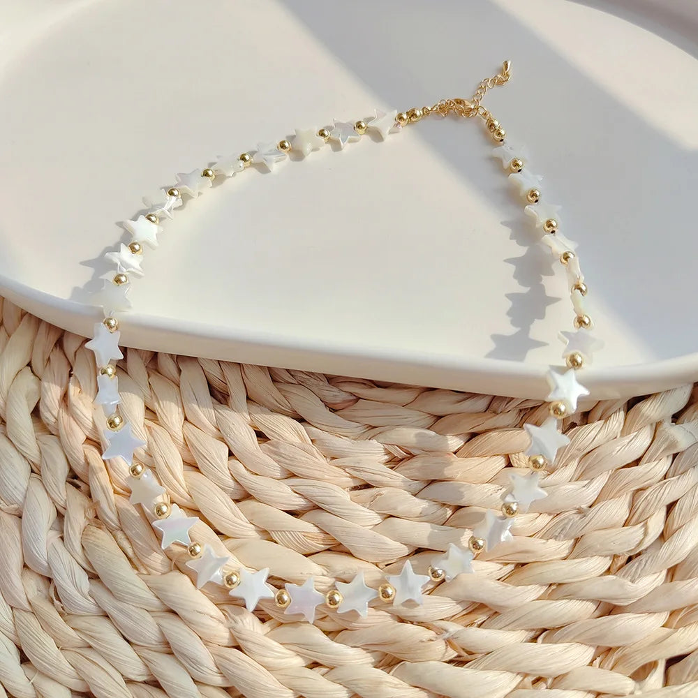 Classic Beach Natural Shell Heart Star 18K Gold Plated Link Chain Hand Beaded Clavicle Necklace for Women Anniversary Certified