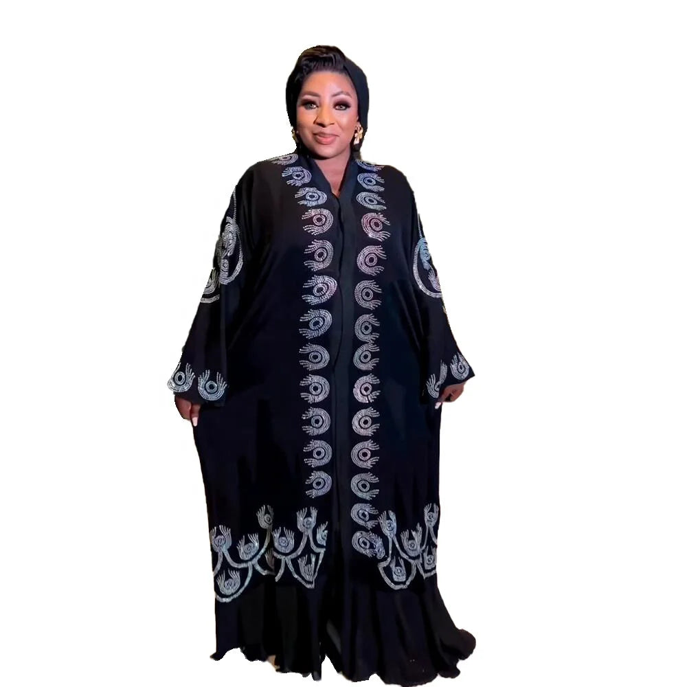 Good Quality Arabic Dress for Women Luxury Rhinestones Black Abaya Designs Flax Long Sleeve V-neck Abaya Dress Dubai