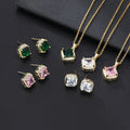 Gold-plated Vintage Emerald Zircon Square Earrings & Necklace Set with Stainless Steel Chain for Women's Anniversary and Party