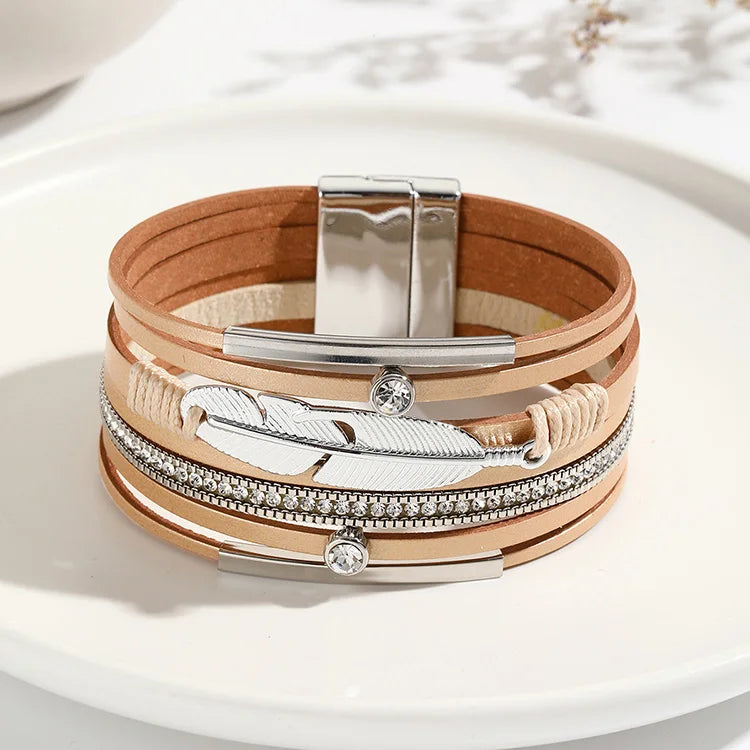 New Fashion Braided Leather Bracelet Ethnic Style Feather Crystal Beads Bracelet Multi-layer Leather Bracelets for Women