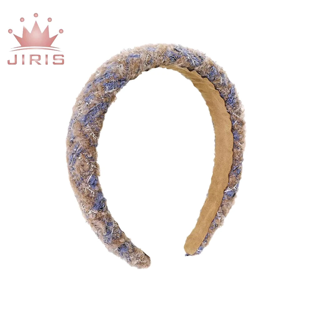 JIRIS 2023 New Design Fashion Multi-color Wide Organza Woolen Cloth Sponge Knitted Headband Elegant Sequin Hairband Girls