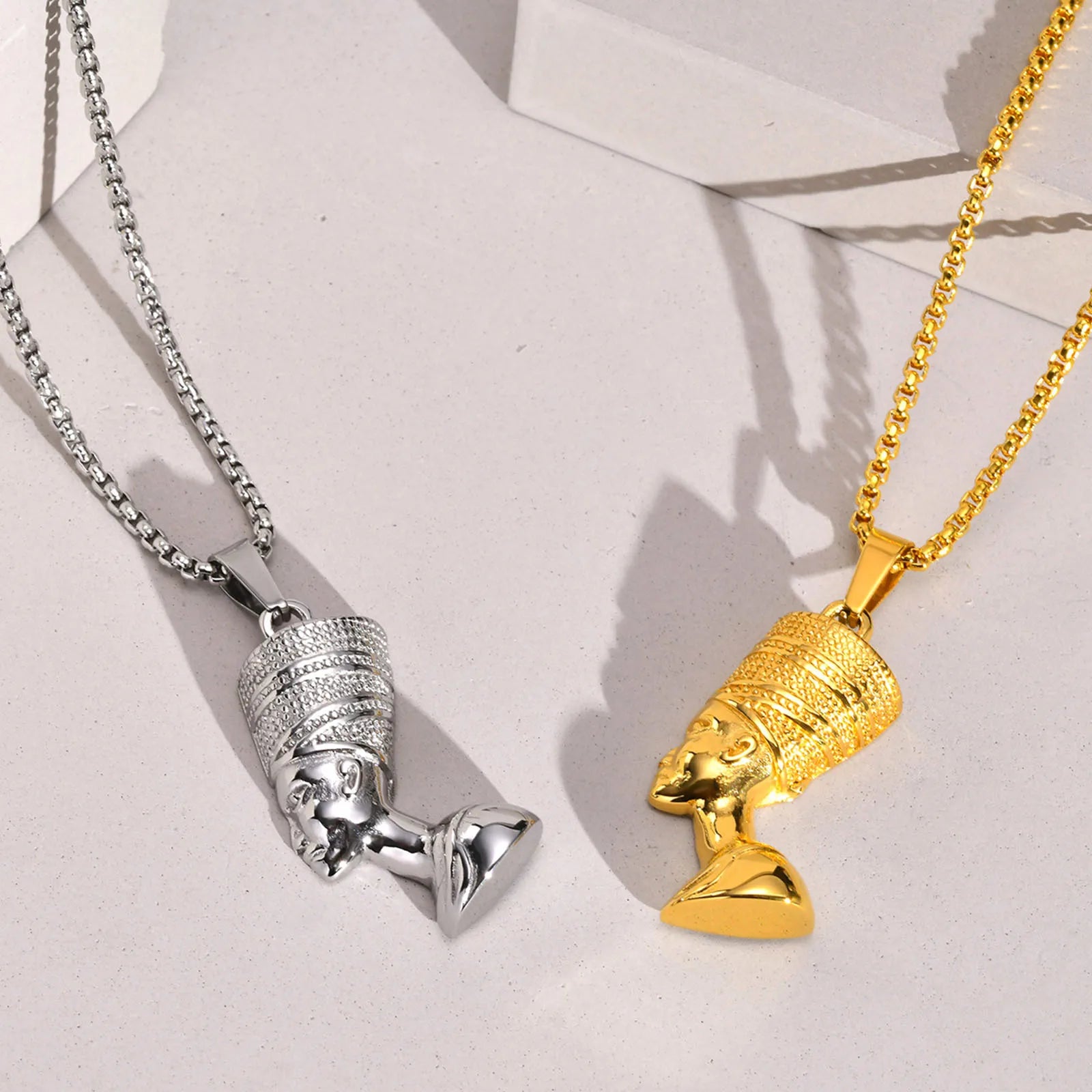 Creative 18K Gold Plated Stainless Steel Jewelry African Egyptian Queen of Egypt Nefertiti Head Pendant Necklace for Women Gifts