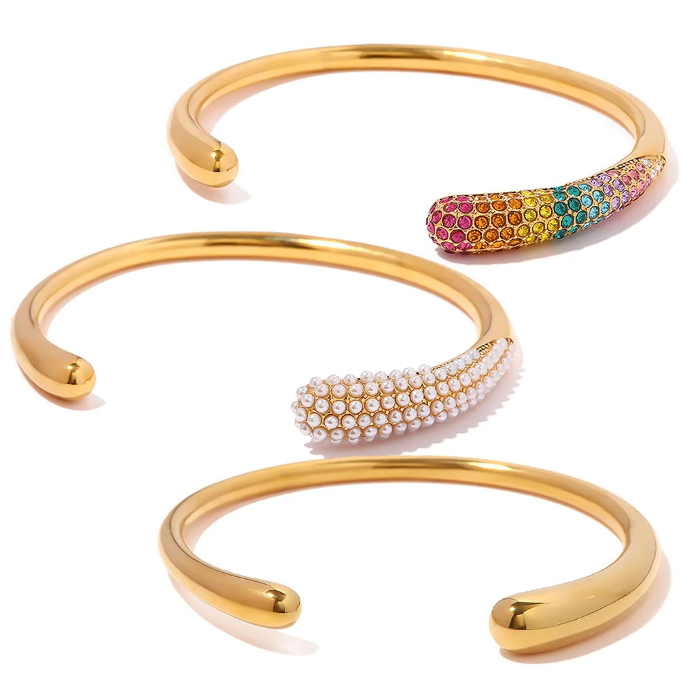 Aretas Hot Selling Fashion Gold Plated Layer Diamond Pearl Bangle Trendy Adjustable Women Handicraft Stainless Steel Bracelet