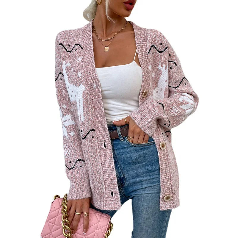 2023 Black White Long Cardigan for Women Fun Animal Pattern Knit Sweater Coat Single Breasted Button Closure Casual Winter Style