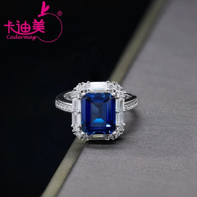 Cadermay 925 Sterling Silver Jewelry 10X12 Lab Grown Sapphire Vivid Blue Set With Melee Moissanite Engagement Wedding Ring