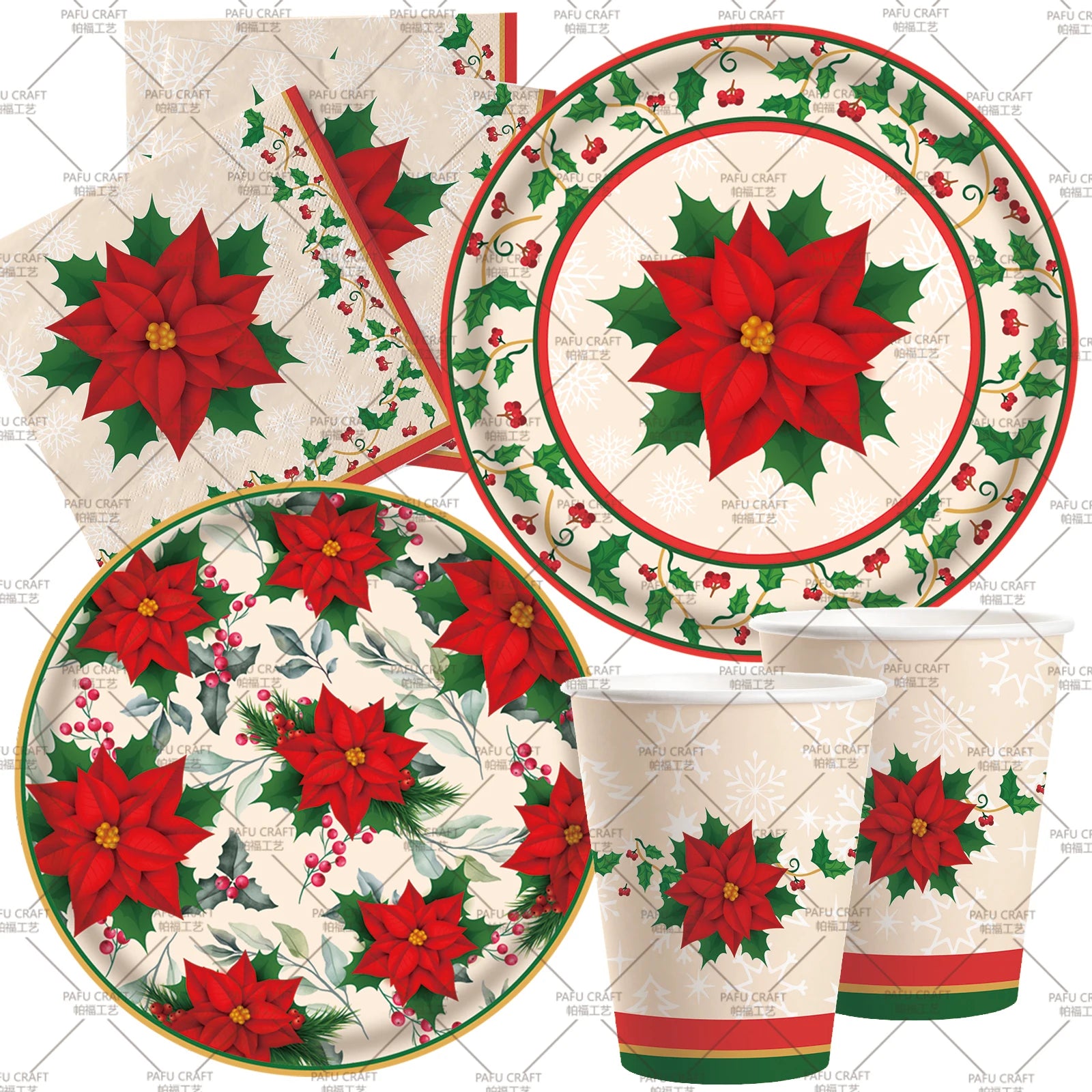 PAFU Xmas Christmas Party Supplies Poinsettia Christmas Paper Plates Cups Napkins Disposable Tableware Set Serves 16