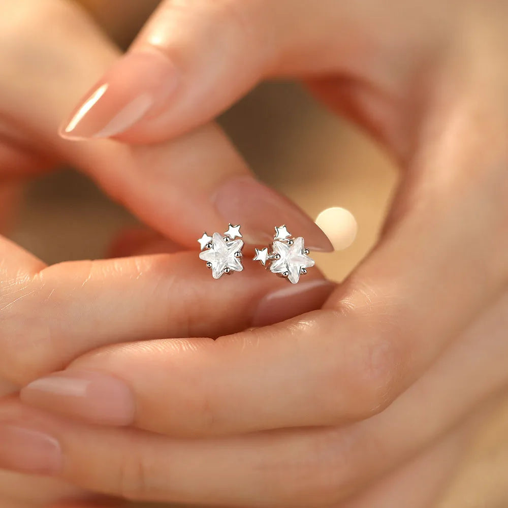 Korean Style S999 Pure Sterling Silver Zirconia Star Earrings Versatile Trendy for Women Jewelry Accessories YB-XY-552