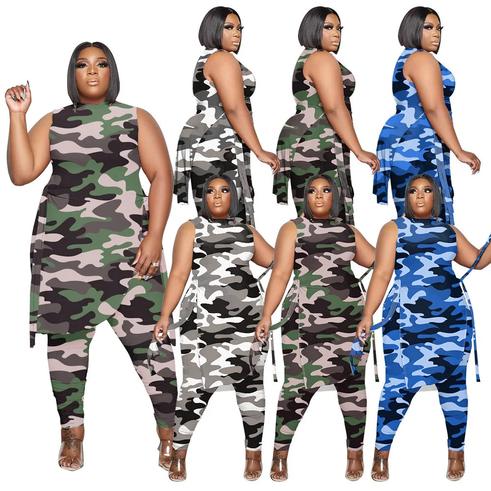 2022 Women Loose Two-Piece Set Suits Formal Knitting Print Camouflage Top Fitted Pants Set