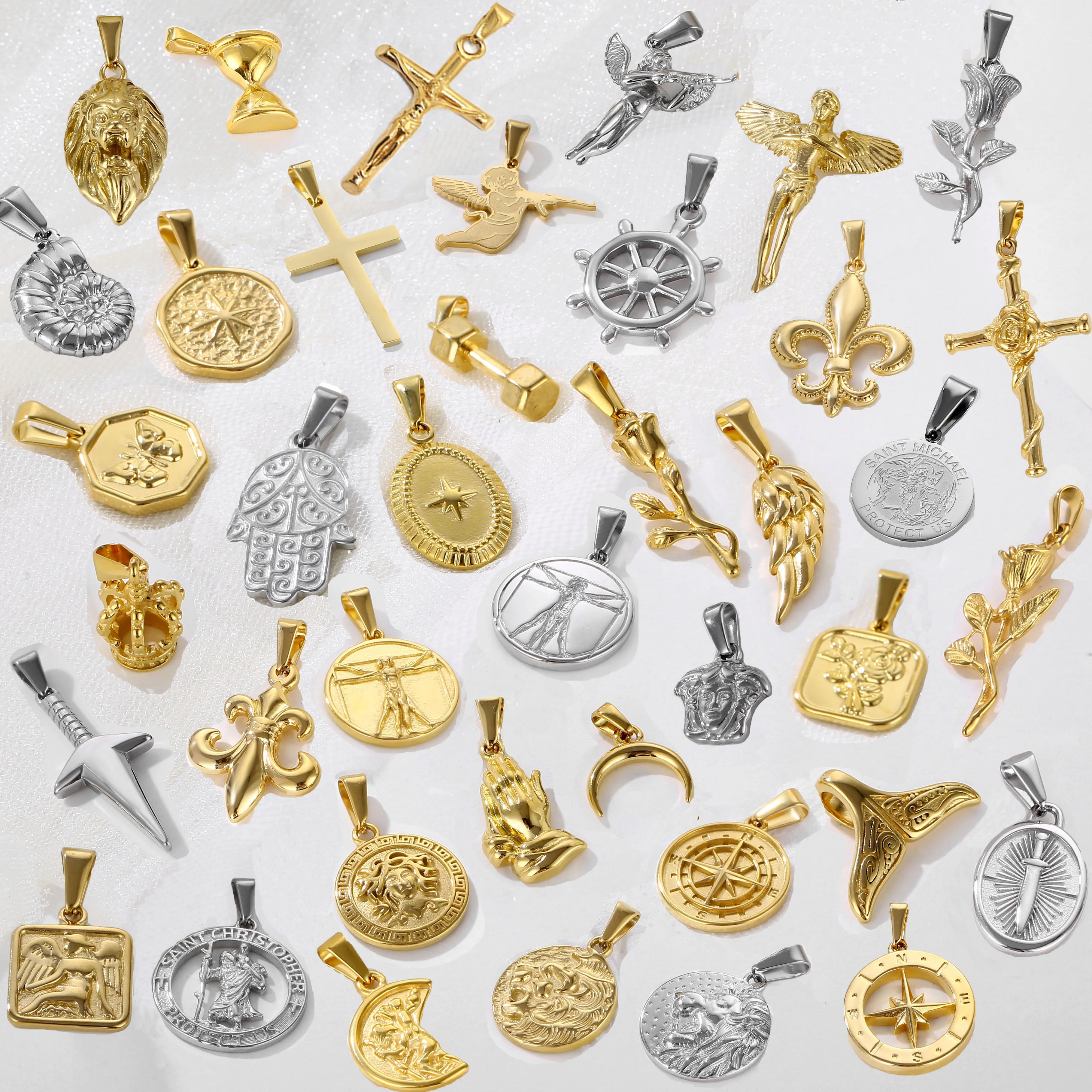 In Stock Gold Compass North Star Pendant Anchor Jewelry Custom Stainless Steel Angel Wing Necklace Charm for Women Men