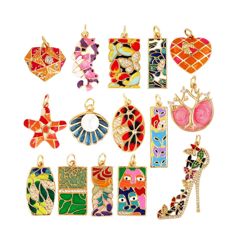 Mosaic Enamel Sea Animal Star Fish Shell Plant Face Flower Fox High Heel Charm Pendant  Necklace Bracelet Making Supplies L10