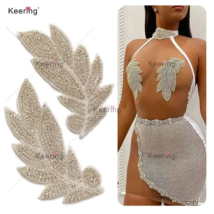 American Haute Couture Evening Party Dress Hot Fix Leaf Shape Small Multicolor Rhinestone Applique